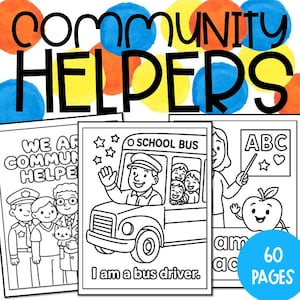 Puede incluir: Páginas de un libro para colorear en blanco y negro con el texto "Community Helpers". Las páginas presentan ilustraciones de ayudantes comunitarios, como un oficial de policía, un conductor de autobús y un maestro. El texto "I am a bus driver" es visible. La imagen también incluye el texto "60 páginas".