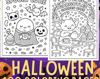 May include: Two black and white Halloween-themed coloring pages. One page features a ghost, skull, bat, and pumpkin with the text "Spooky Cutie." The other page shows a gargoyle at a cafe with the text "Gargoyles Garden Cafe." The bottom banner reads "Halloween 100 Coloring Pages."