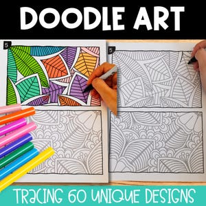 Peut inclure: Un ensemble de feuilles de dessin doodle avec 60 motifs uniques. L'image montre deux pages en papier blanc avec des motifs de lignes noires représentant des feuilles et des fleurs, accompagnées d'une collection de marqueurs colorés jaune, bleu, vert, violet et rose.