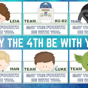 May include: A set of six Star Wars themed printable party hats. Each hat features a different character from the Star Wars franchise, including Leia, R2-D2, Darth Vader, Han Solo, Luke Skywalker, and Yoda. The hats are decorated with the text "May the Fourth Be With You."