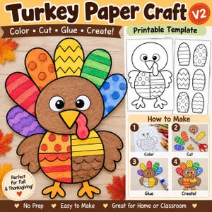 May include: A Turkey Paper Craft printable template featuring a colourful turkey with patterned feathers, a brown body, and a yellow beak. The image includes instructions for colouring, cutting, gluing, and creating the turkey craft project.
