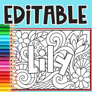 May include: An editable coloring page featuring the name Lily in bold, outlined letters surrounded by black and white floral and swirl patterns, with a vertical stack of multicolored sharpened pencils on the left side against a light blue background.