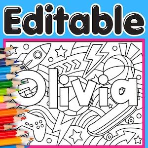 May include: A black and white colouring page featuring the name Olivia in large outline letters, surrounded by illustrations of a rocket, basketball, skateboard, and game controller, with a stack of coloured pencils along the left side.