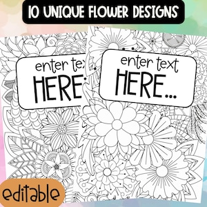 Peut inclure: Deux pages de cahier de coloriage avec des motifs floraux complexes. Chaque page présente un rectangle blanc avec le texte "enter text HERE..." entouré de dessins au trait détaillés de diverses fleurs et feuilles. La bannière supérieure indique "10 UNIQUE FLOWER DESIGNS".