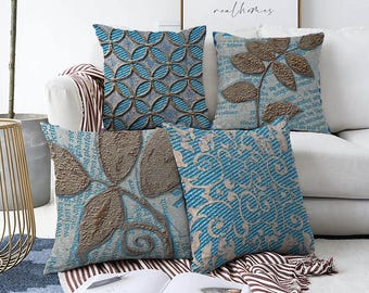 Turquoise Embossed Velvet Pillow Cover, Modern Boho Coastal Decor