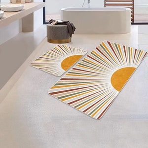 Set of 2 Abstract Sun Bath Mat, Striped Bath Rug Set, Yellow Bathroom Floor Mat, Nonslip Outdoor Mat, Boho Bath Mat, Contemporary Bath Decor