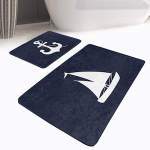 Set of 2 Nautical Bath Mat, Navy Blue Bat Rug Set, Anchor Bathroom Mat, Decorative Floor Mat, Ship Kitchen Mat, Low Pile Rug, Gift for Her