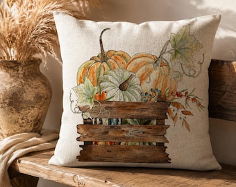 Pumpkin Harvest Watercolor Pillow Cover, Fall Farmhouse Cushion, Autumn Crate Decor Accent