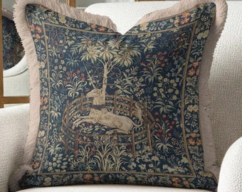 Unicorn Tapestry Pillow Cover, Medieval Millefleur Cushion, Dark Academia Velvet Home Decor