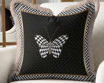 Checkerboard Butterfly Pillow Cover with Fringe, Black and White Cushion, Maximalist Decor