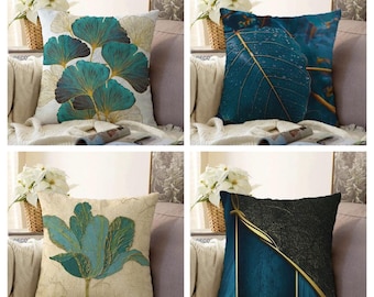 Turquoise Pillow Cover, Emerald Green Pillow Case, Floral Cushion Case, Leaves Throw Pillow, Turquoise Home Decor, Modern Decorative Pillow