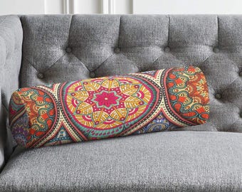 Cylindrical Mandala Bolster Pillow Cover, Boho Paisley Print, Yoga Cushion