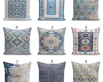 Blue Turkish Kilim Style Pillow Cover, Vintage Rug Inspired Velvet Throw Pillow, Tribal Cushion Case, Ethnic Sofa Decor, Oriental Home Gift