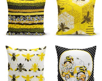 Bee and Honeycomb Pillow Covers, Cute Bee Cushion Cover, Honey Bee Decor, Yellow Black Pillow Case, Floral Outdoor Cushion, Porch Decor