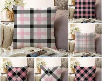 Pink Plaid Pillow Cover, Farmhouse Buffalo Check, Velvet Cushion