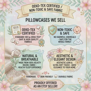 May include: An informational graphic about pillowcases featuring text: OEKO-TEX CERTIFIED, NON-TOXIC & SAFE, NATURAL & BREATHABLE, and AESTHETIC & ELEGANT DESIGN. The design includes floral borders, cotton illustrations, and a baby icon on a light background.