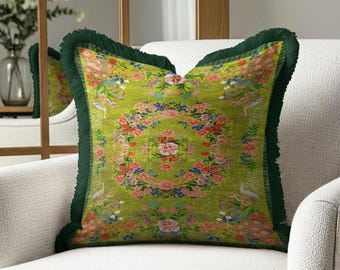 Fringed Floral Pillow Cover, Chinoiserie Crane Bird Velvet Medallion, Olive Green Chartreuse Garden Print
