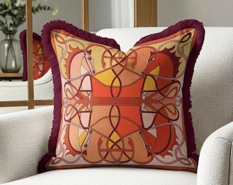 Art Nouveau Horse Pillow Cover, Burgundy Orange Equestrian Accent Decor