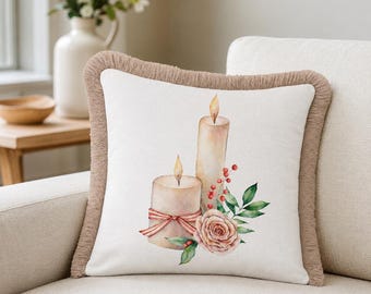Watercolor Candles and Rose Throw Pillow Cover – Coziest Home Decor Cushion – Beige Fringe Pillow Case