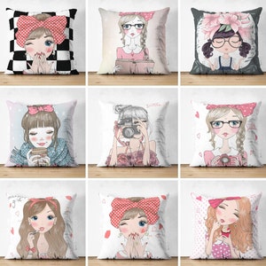 Cute Girl Throw Pillow Cover, Girls Bedroom Decor, Teenage Girl Gift, Birthday Gift for Girls, Fashion Girl Cushion Case, Lovely Girl Pillow