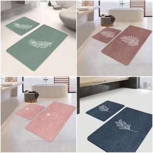 Minimalistisch blad badkamertapijt set van 2, zachte antislip badmatten, moderne badkamerinrichting, esthetische vloermatten, groen roze marineblauw baddecor