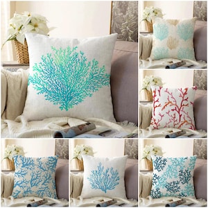 Aqua Seaweed Pillow Cover, Nautical Cushion Case, Blue Red Coral Throw Pillow, Coastal Home Decor, Ocean Sealife Decor, Beach House Decor