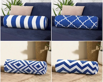 Navy Blue Bolster Pillow Cover, Round Cylinder Cushion Case, Geometric Sofa Decor