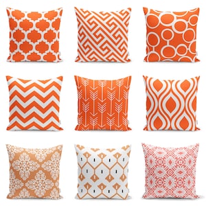 Orange White Pillow Cover, Sun Orange Geometric Cushion Case, Vibrant Velvet Euro Sham, Orange Home Decor, Outdoor Patio Throw Pillow Case