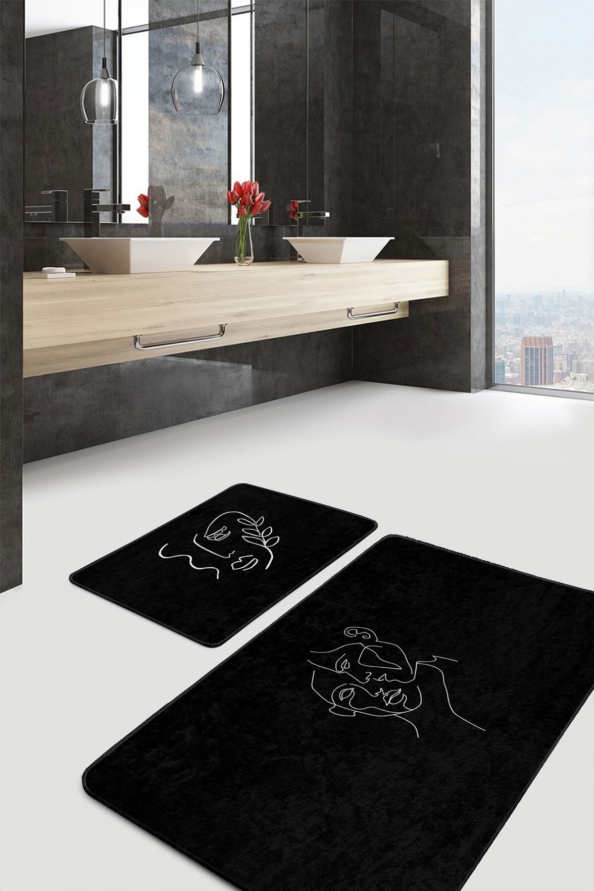 Set of 2 Boho Bath Mat, Black Bath Carpet, Bohemian Bath Decor, Vintage ...