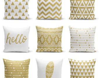 Gold Geometric Pillow Cover, Modern Boho Cushion Case, White and Gold Throw Pillow, Decorative Sofa Pillow, Minimalist Home Decor, Gift Idea