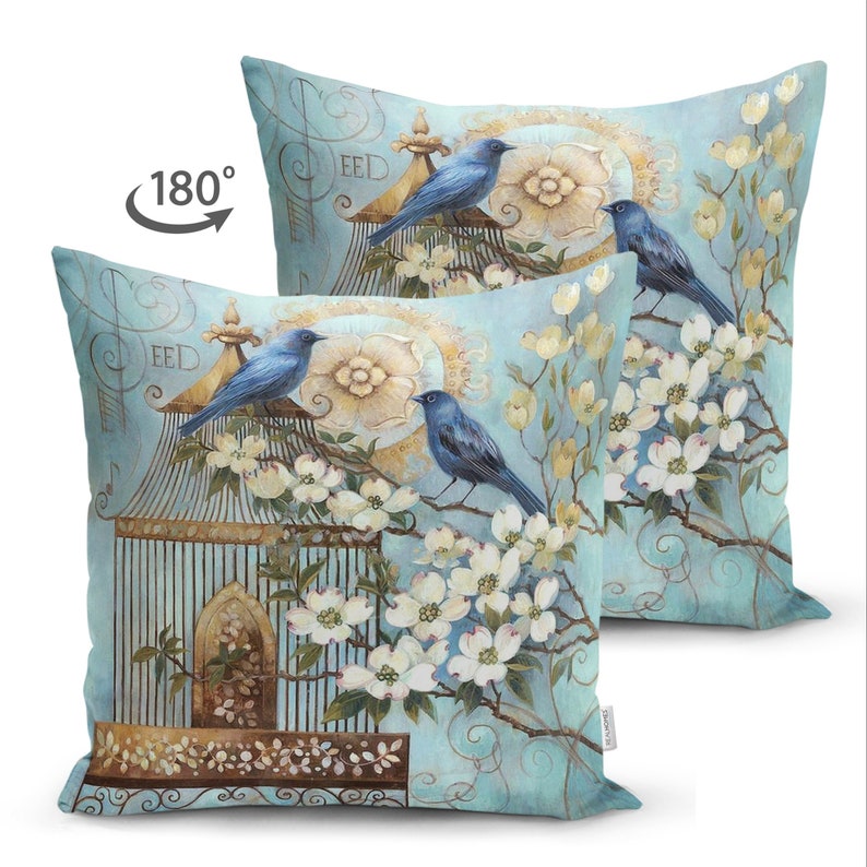 Blue Bird Pillow Cover Birds in Cage Throw Pillow Cover Etsy
