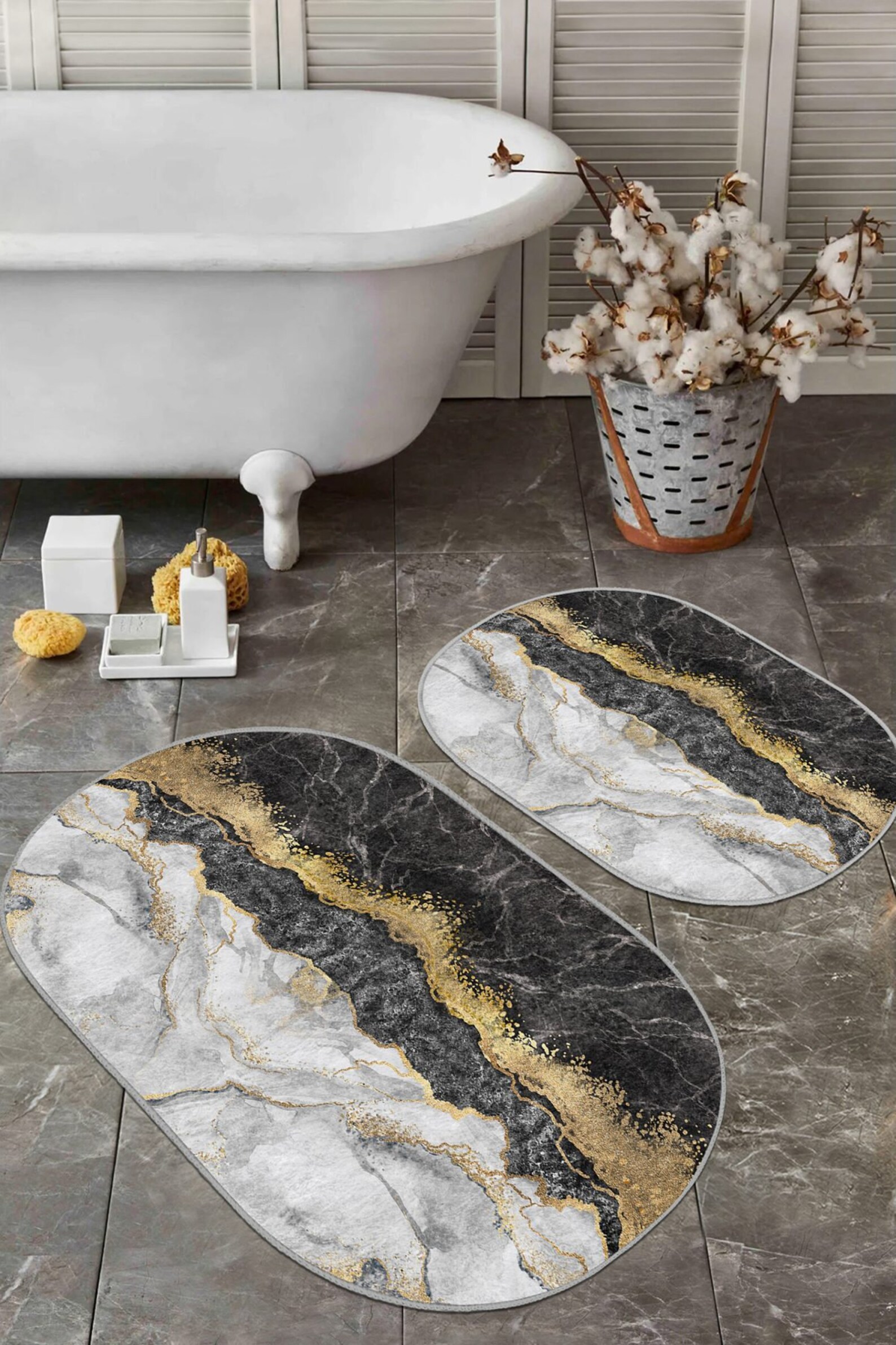 Set of 2 Marble Bath Mat, Black Gold Bath Rug, Nonslip Bath Mat Set