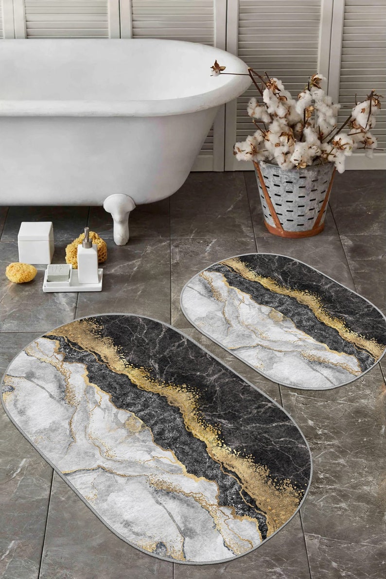 Set of 2 Marble Bath Mat, Black Gold Bath Rug, Nonslip Bath Mat Set