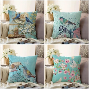Blue Bird Pillow Cover, Watercolor Bird Cushion Case, Blue Bird Decor, Bird Lover Gift, Vintage Animal Pillow, Floral Bluebird Decor