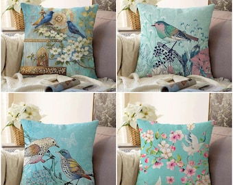 Funda de almohada con diseño de pájaro azul en acuarela: decoración floral vintage de pájaro
