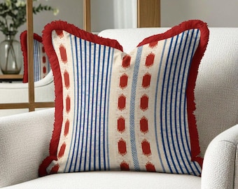 Turkish Ikat Velvet Pillow Cover, Boho Striped Cushion, Red Fringed Accent