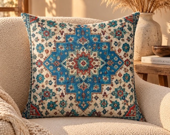Turkish Rug Pillow Cover, Blue Geometric Boho Accent, Vintage Inspired Decorative Cushion