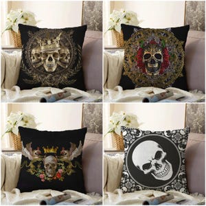 Skull Throw Pillow Cover, Gothic Halloween Decor, Sugar Skull Cushion, Spooky Skeleton Accent, Black Horror Pillow, Creepy Couch Decor