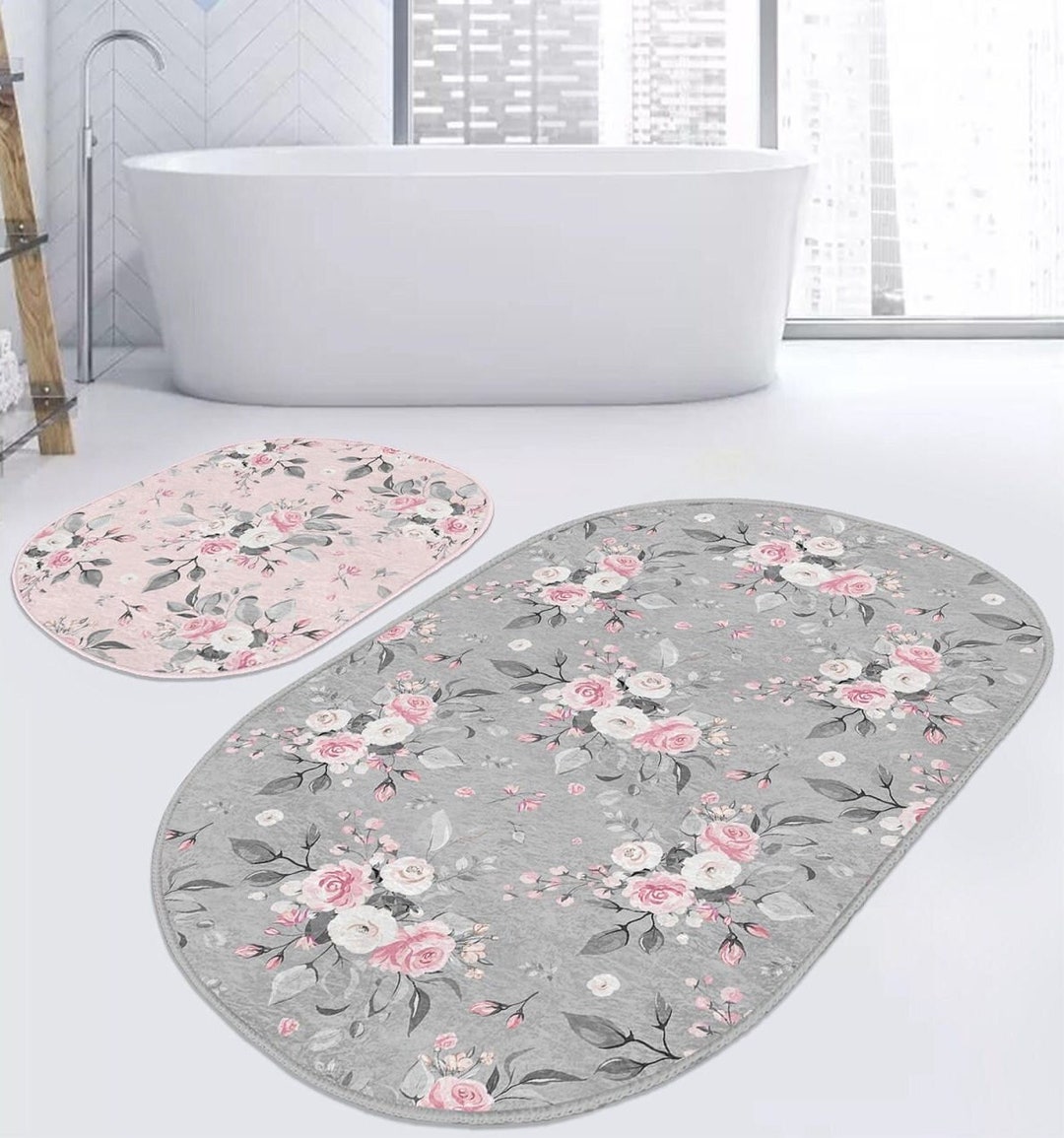 Set of 2 Rose Floral Bath Mat Pink Gray Bath Rug Floral Bath Etsy