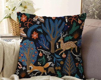 Winter Forest Animal Pillow Cover, Woodland Fox Deer Cushion Case, Folk Art Holiday Accent Pillow