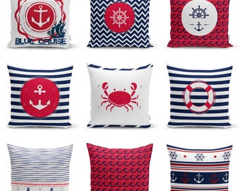 Housse de coussin ancre nautique : taie d'oreiller en velours rouge, blanc et bleu