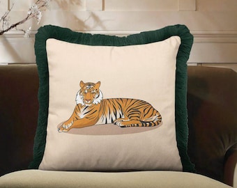 Tiger Pillow Cover with Fringe, Beige Velvet Cushion, Wildlife Animal Print Safari Decor