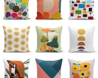 Modern Abstract Art Pillow Cover, Boho Colorful Throw Pillow, Minimalist Drawings Cushion Cover, 16x16 18x18 Euro Sham, Rainbow Home Decor
