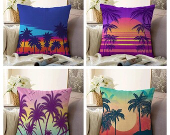 Sunset Palm Tree Pillow Cover: Velvet Beach Decor