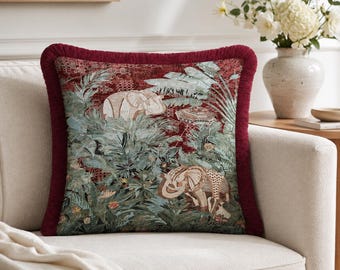 Burgundy Fringed Elephant Pillow Cover | Boho Maximalist Jungle Tropical Cushion