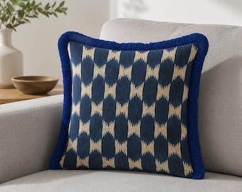 Navy Blue Ikat Fringe Pillow Cover, Boho Tribal Geometric Velvet