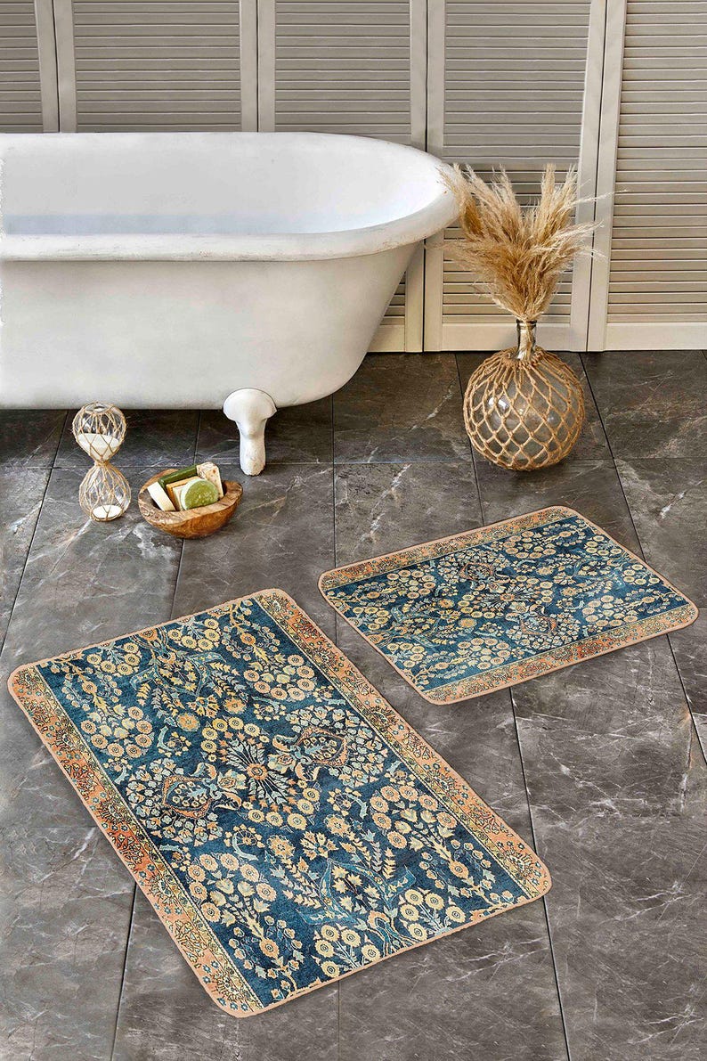 Tile Pattern Bathroom Rug Vintage Kilim Pattern Bath Rug Set, Traditional Turkish Bathroom Mat ...