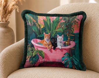 Cats in Bathtub Pillow Cover, Fringed Velvet Cushion, Tropical Jungle Cat Lover Decor