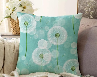 Dandelion Pillow Cover, Turquoise Floral Cushion Case, Botanical Throw Pillow, Nature Inspired Sofa Pillow