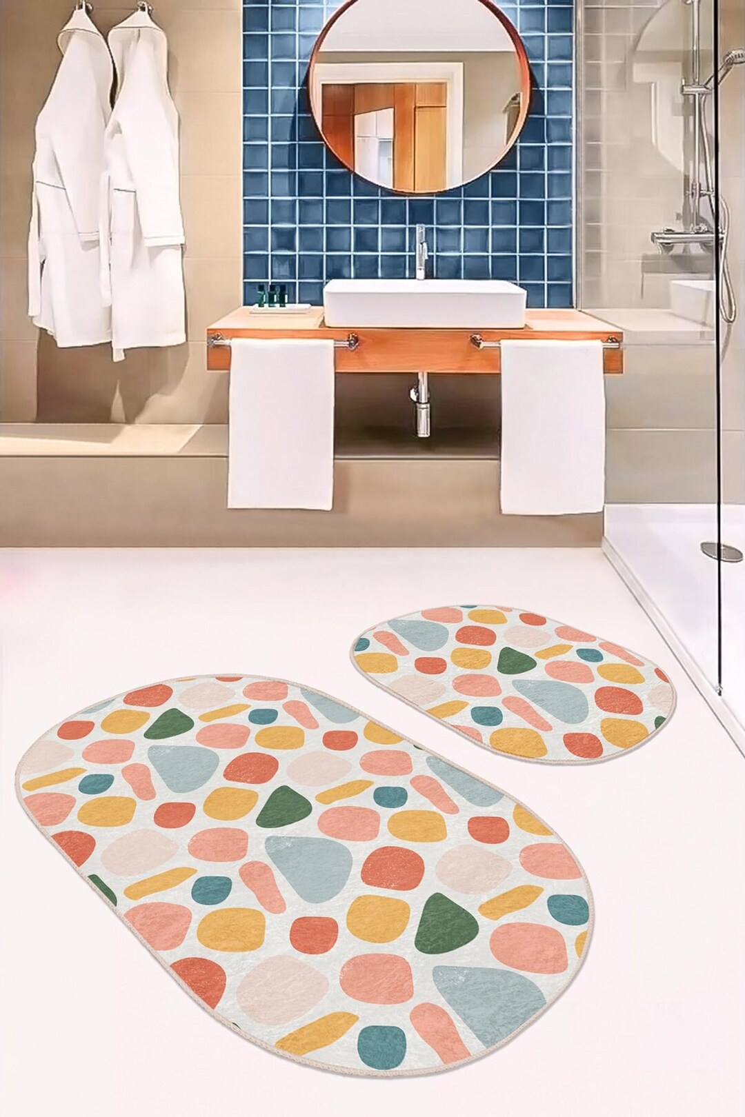 Set of 2 Abstract Geometric Bath Mat, Colorful Outdoor Rug, Modern